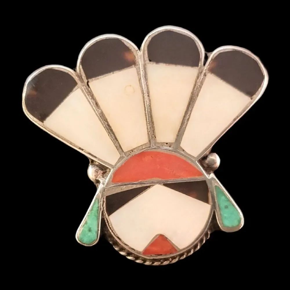 Vintage Sterling Zuni Sun Face Inlay Brooch Pin